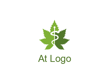 Rod of Asclepius inside marijuana leaf for a medicine logo