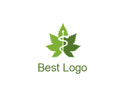 Rod of Asclepius inside marijuana leaf for a medicine logo