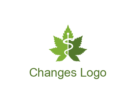 Rod of Asclepius inside marijuana leaf for a medicine logo