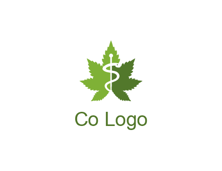 Rod of Asclepius inside marijuana leaf for a medicine logo
