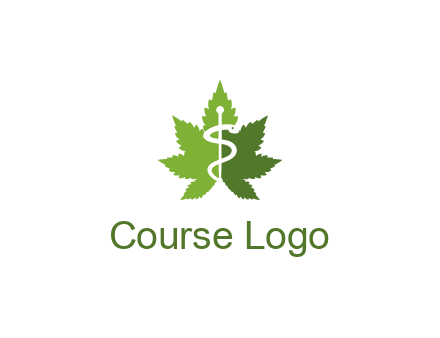 Rod of Asclepius inside marijuana leaf for a medicine logo
