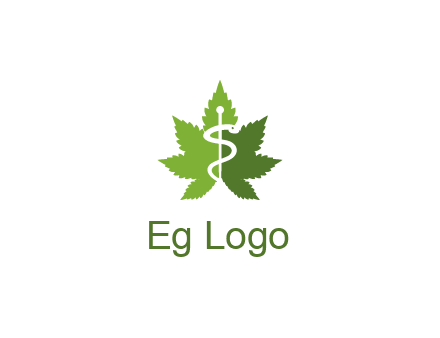 Rod of Asclepius inside marijuana leaf for a medicine logo