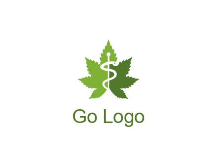 Rod of Asclepius inside marijuana leaf for a medicine logo