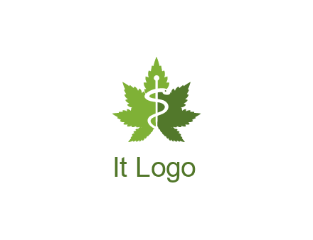 Rod of Asclepius inside marijuana leaf for a medicine logo