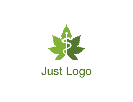 Rod of Asclepius inside marijuana leaf for a medicine logo