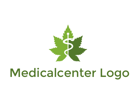 Rod of Asclepius inside marijuana leaf for a medicine logo