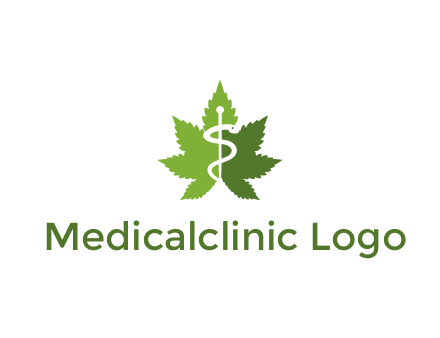 Rod of Asclepius inside marijuana leaf for a medicine logo