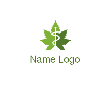 Rod of Asclepius inside marijuana leaf for a medicine logo