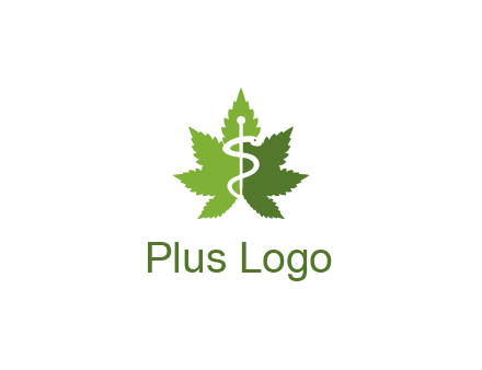Rod of Asclepius inside marijuana leaf for a medicine logo