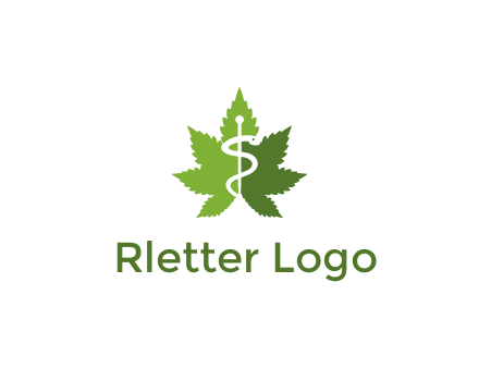 Rod of Asclepius inside marijuana leaf for a medicine logo