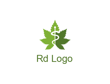 Rod of Asclepius inside marijuana leaf for a medicine logo