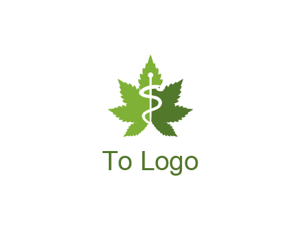 Rod of Asclepius inside marijuana leaf for a medicine logo
