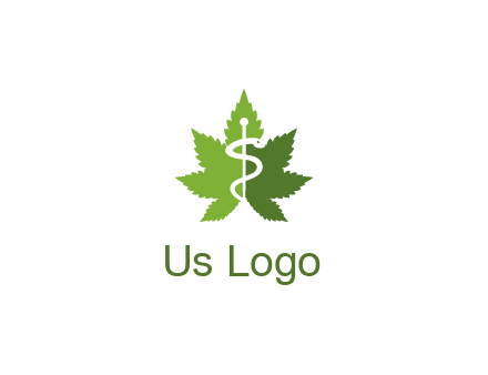 Rod of Asclepius inside marijuana leaf for a medicine logo