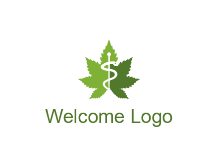 Rod of Asclepius inside marijuana leaf for a medicine logo