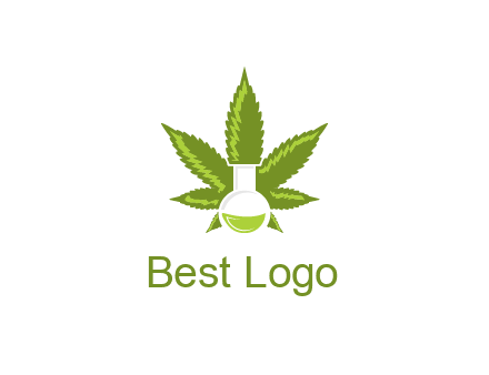 medical logo displaying laboratory flask with marijuana leaf