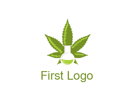 medical logo displaying laboratory flask with marijuana leaf