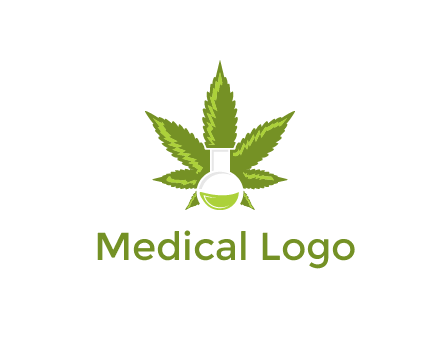 medical logo displaying laboratory flask with marijuana leaf