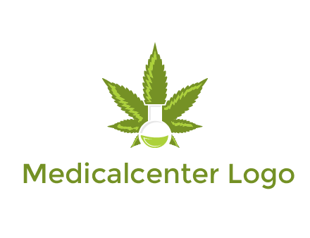 medical logo displaying laboratory flask with marijuana leaf