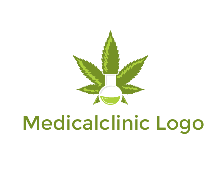 medical logo displaying laboratory flask with marijuana leaf
