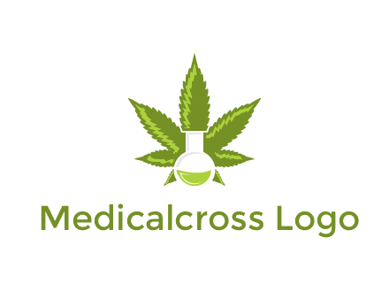 medical logo displaying laboratory flask with marijuana leaf