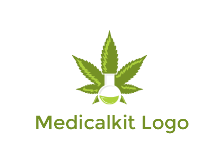 medical logo displaying laboratory flask with marijuana leaf