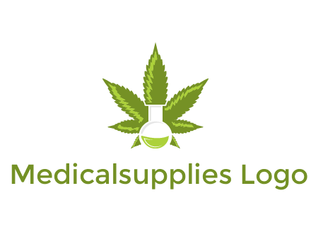 medical logo displaying laboratory flask with marijuana leaf