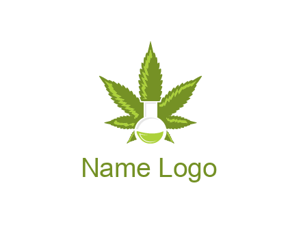 medical logo displaying laboratory flask with marijuana leaf