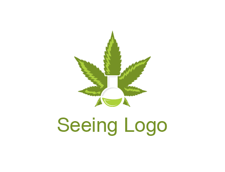 medical logo displaying laboratory flask with marijuana leaf