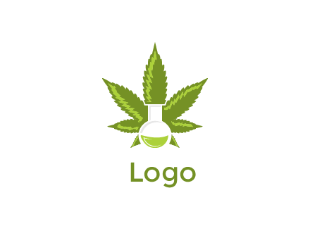 medical logo displaying laboratory flask with marijuana leaf