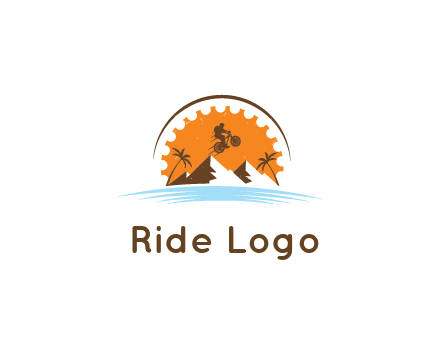 adventure sports logo with rider on a motorbike jumping over mountains and palm trees