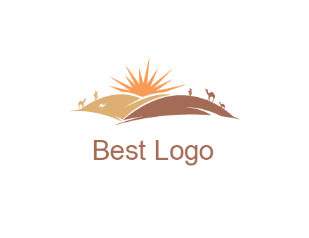 illustration of camels, tourists and the sun shining between sand dunes in the desert