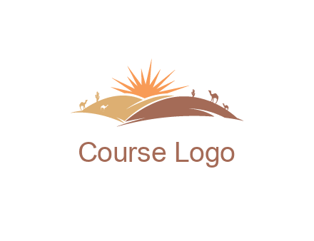 illustration of camels, tourists and the sun shining between sand dunes in the desert