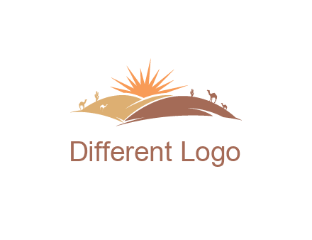 illustration of camels, tourists and the sun shining between sand dunes in the desert