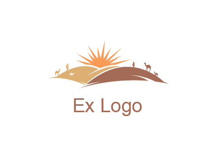 illustration of camels, tourists and the sun shining between sand dunes in the desert