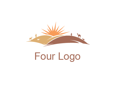 illustration of camels, tourists and the sun shining between sand dunes in the desert