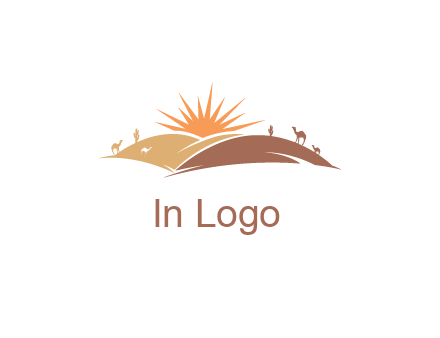 illustration of camels, tourists and the sun shining between sand dunes in the desert