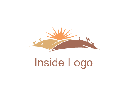 illustration of camels, tourists and the sun shining between sand dunes in the desert