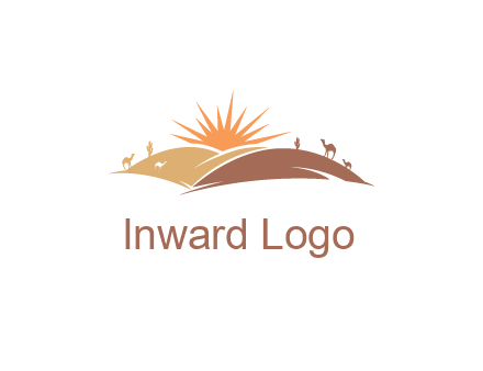 illustration of camels, tourists and the sun shining between sand dunes in the desert