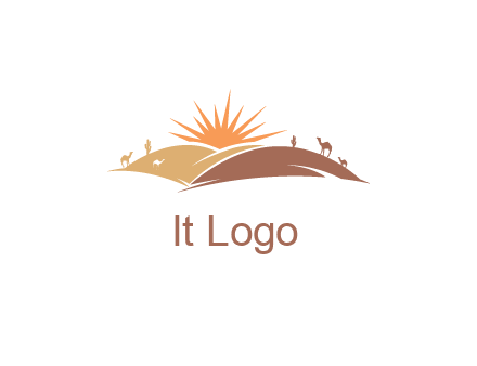 illustration of camels, tourists and the sun shining between sand dunes in the desert