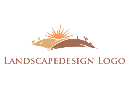 illustration of camels, tourists and the sun shining between sand dunes in the desert