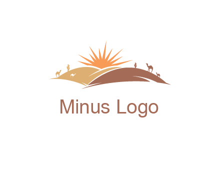 illustration of camels, tourists and the sun shining between sand dunes in the desert