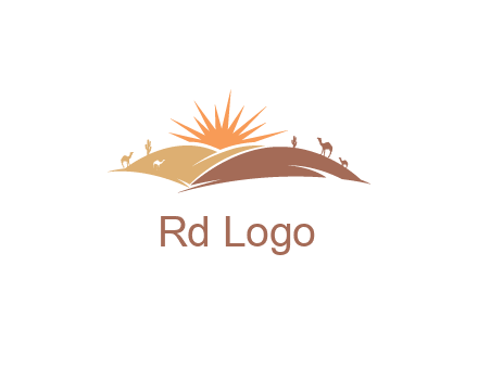 illustration of camels, tourists and the sun shining between sand dunes in the desert
