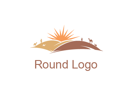 illustration of camels, tourists and the sun shining between sand dunes in the desert
