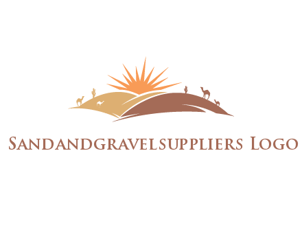 illustration of camels, tourists and the sun shining between sand dunes in the desert