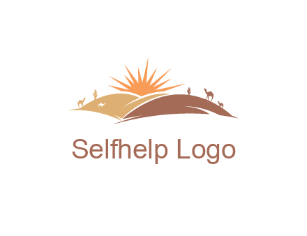 illustration of camels, tourists and the sun shining between sand dunes in the desert