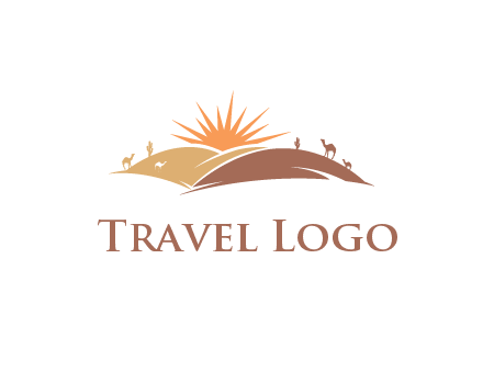 illustration of camels, tourists and the sun shining between sand dunes in the desert
