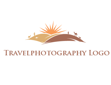 illustration of camels, tourists and the sun shining between sand dunes in the desert