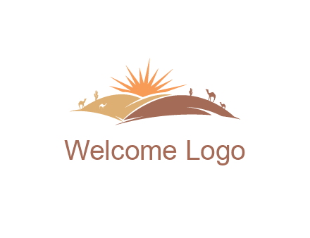 illustration of camels, tourists and the sun shining between sand dunes in the desert