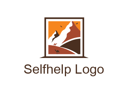 logo resembles a framed painting of the desert and mountains