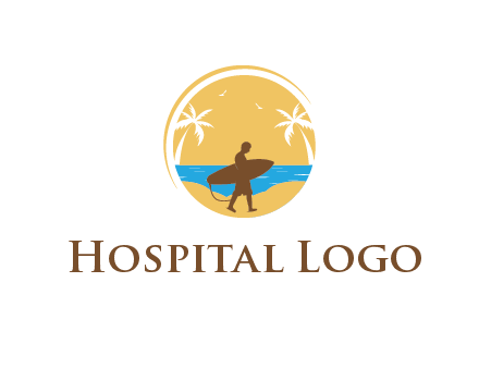 circular logo with palm trees and a surfer walking on the beach